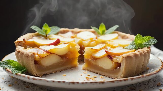 A tempting apple pie in slices on a plate, ready to be enjoyed.