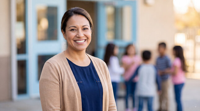 Smiling teacher standing outside school with students in background, warm education portrait showing confidence, diversity, and supportive learning community
