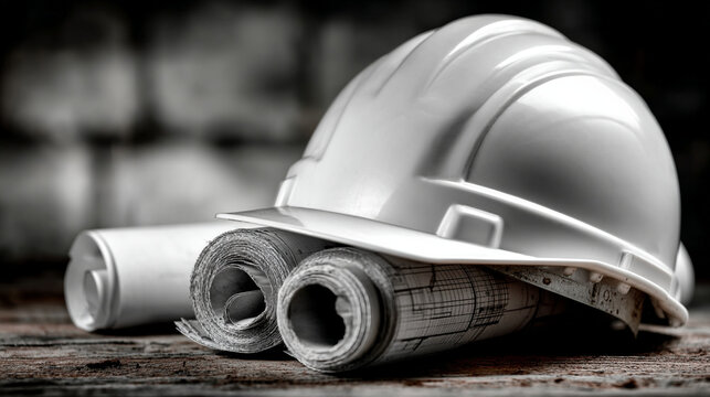 White protective hard hat helmet resting on rolled architectural blueprints on wooden table