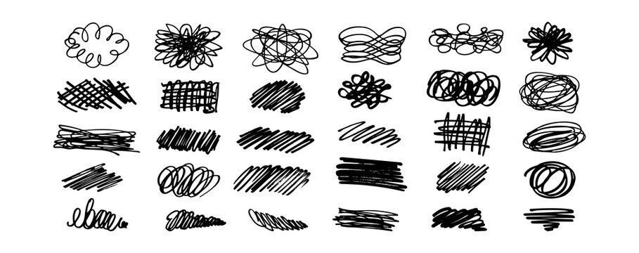 Set of hand drawn black scribbles, tangled loops, rough hatching, shaded strokes and abstract doodle marks isolated on a clean white background for graphic design. Vector illustration