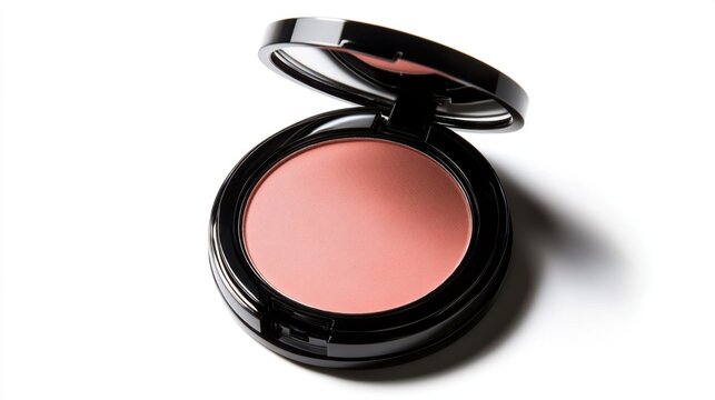 A beautiful pink blush compact with a mirror lid open, showcasing the powder