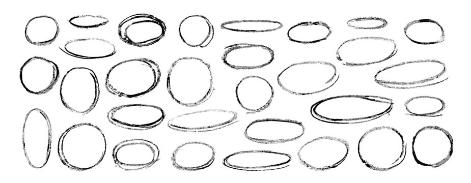 Set of hand drawn black chalk circles and oval frames with rough textured outlines, irregular round shapes and sketchy borders isolated on a clean white background.