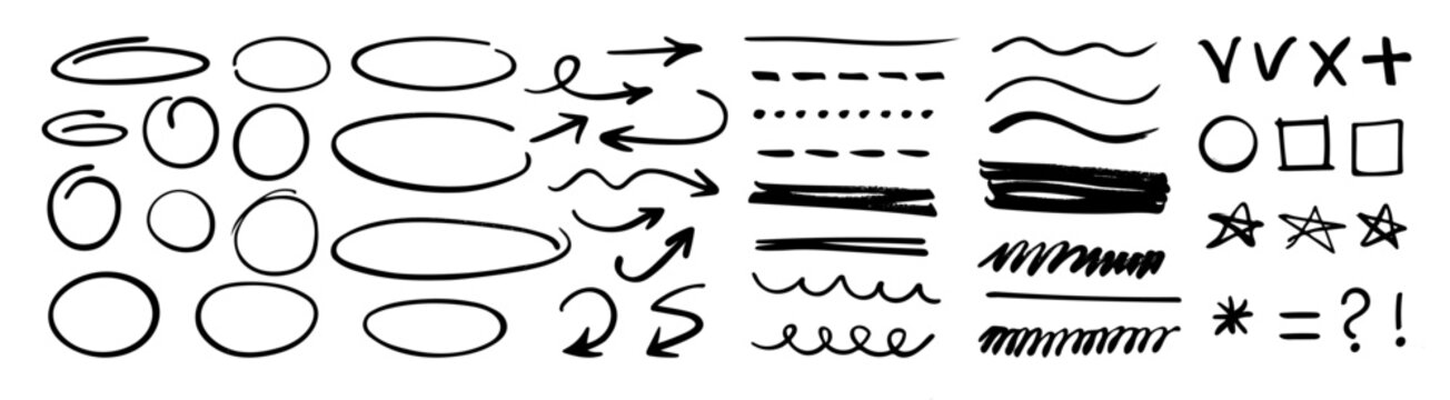 Set of black hand drawn doodle elements with circles, ovals, arrows, lines, waves, check marks, stars, squares and symbols isolated on a clean white background.