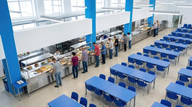 Large cafeteria with blue tables and serving line.