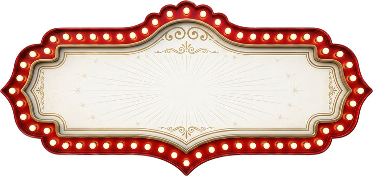 Elegant vintage theater marquee sign featuring a bright red frame adorned with glowing light bulbs and ornate golden filigree details surrounding a central copy space area