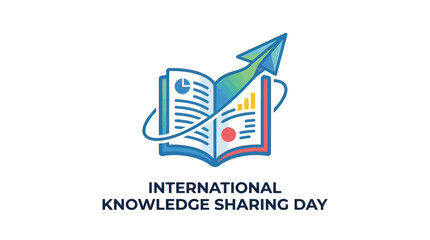 Fototapeta premium International Knowledge Sharing Day Concept with Open Book, Infographic Charts, and Flying Paper Plane