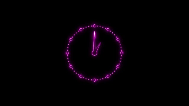 Neon clock animation icon. Reverse clock animation showing time running. abstract analog clock animation on dark background