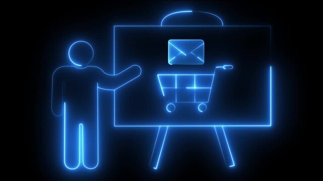 Neon digital marketing presentation with email and shopping cart symbols