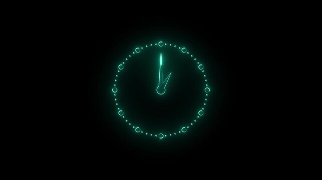 Clock icon neon animation. Reverse clock animation showing time running. abstract analog clock animation on black background.4k animation video