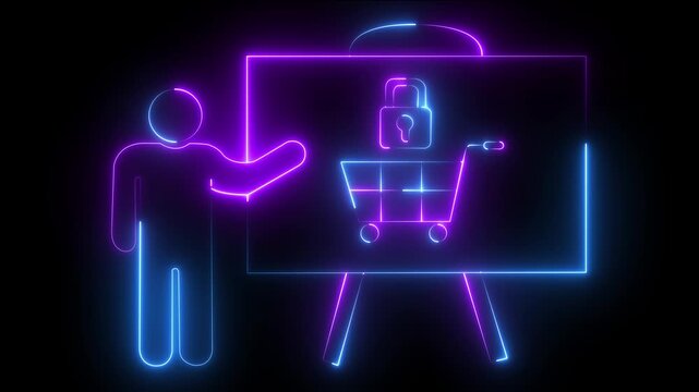 Neon e-commerce security concept: digital shopping cart with padlock animation