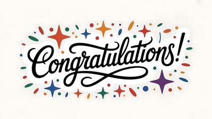 Naklejka premium Congratulations hand lettering text with colorful confetti and stars on white background