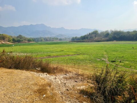 View of the reservoir which has dried up due to the prolonged dry season,location in Tandon reservoir,Wonogiri,Indonesia.