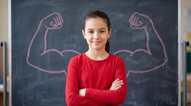 Confident schoolgirl standing with crossed arms in front of chalkboard strength doodles, symbolizing self esteem, empowerment and education concept