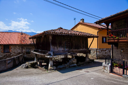 Traditional Wooden Granary in Rural Village. Bermiego. Quiros, Asturias, Spain.