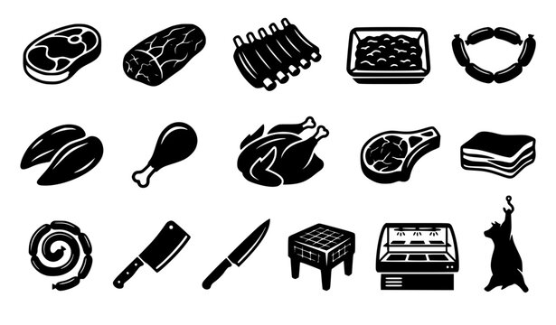 Raw meat products and grocery butcher shop vector silhouette icon set featuring beef steak pork ribs sausages whole chicken breast legs knives and display counter.