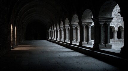 Naklejka premium monastic. Monastery cloister stone arches in stillness with distant light and deep shadows. real-estate listings.
