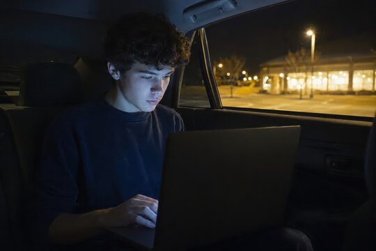 Teenager doing homework on laptop in parked car at night