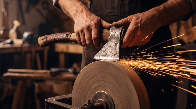 Craftsman sharpening an axe on a spinning grinding wheel with bright sparks in a rustic workshop, close-up of traditional metalworking hands