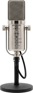 Studio condenser microphone mounted on a black metal desk stand featuring metallic silver body housing rotary gain dial push buttons and connected woven audio cable equipment
