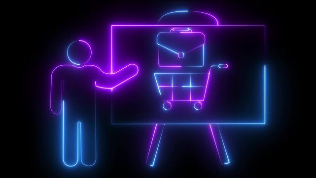 Neon business presentation with briefcase and shopping cart animation for e-commerce and corporate strategy
