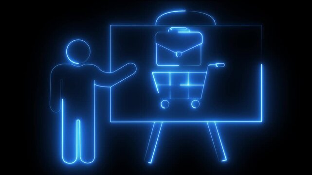 Neon business presentation animation: briefcase and shopping cart concept for e-commerce and corporate strategy
