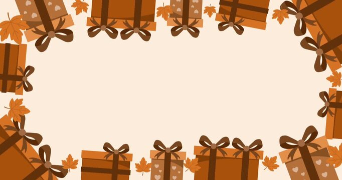 festive gift boxes border frame on light brown background