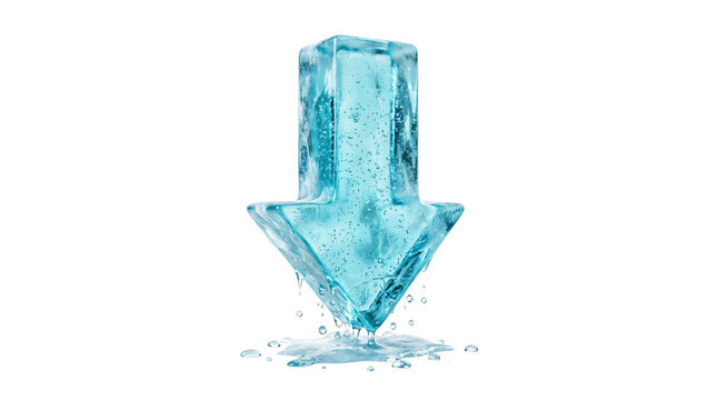 Frozen ice arrow pointing down, melting blue ice block symbol, cold winter direction sign on white background