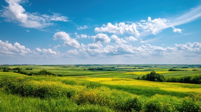 Vibrant landscape features rolling hills and fields of yellow flowers under bright blue sky. Fluffy clouds scatter across horizon in scenic, peaceful setting