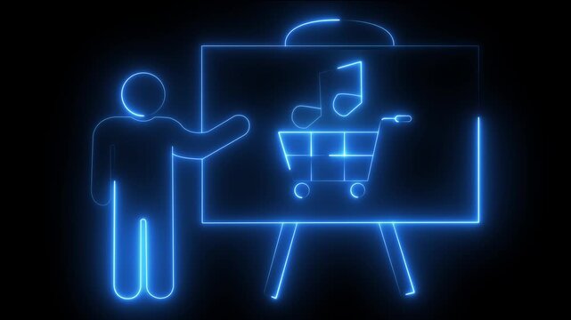Neon digital music store concept: glowing shopping cart and musical note animation