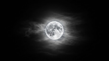 Fototapeta premium Dramatic full moon glowing through a cloudy night sky in monochrome