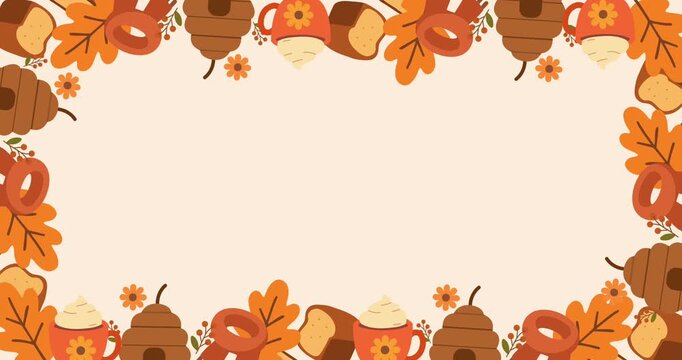 cozy autumn harvest objects border on light cream surface