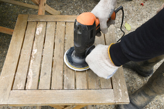 Orbital Sander on Wooden Surface &ndash; Power Tool for Woodworking and DIY