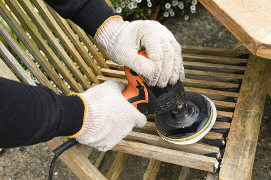 Orbital Sander on Wooden Surface &ndash; Power Tool for Woodworking and DIY
