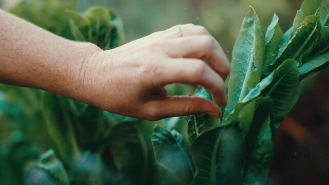 Gentle close-up tracks a womans ringed hand inspecting crisp romaine lettuce rows in an organic backyard garden, capturing farm-to-table freshness, gardening and plant-based wellness.