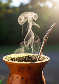 Yerba mate tea in a traditional gourd with a metal straw. Hot herbal drink steaming on a sunny day. South American culture and healthy organic infusion for morning relaxation routine.