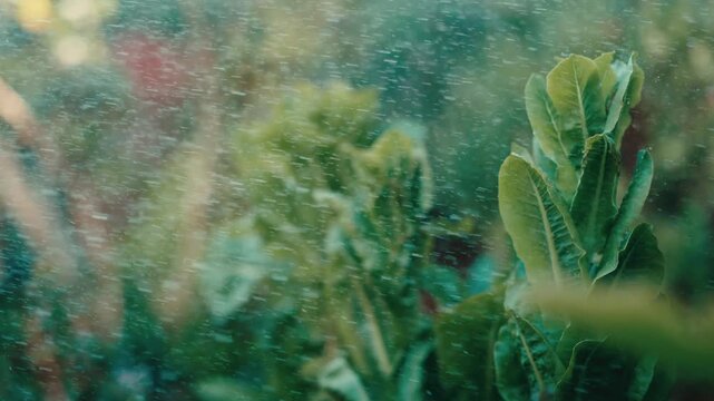 Dreamy macro captures water droplets misting over romaine lettuce rows in golden backlit garden light, evoking irrigation, homegrown freshness and organic gardening.