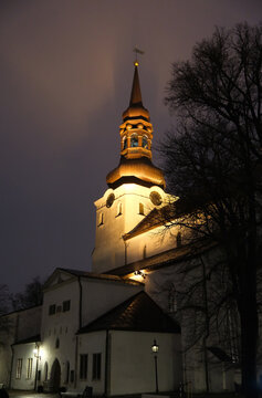 night view of the illuminated St. Mary's Cathedral in Tallinn with its baroque spire.