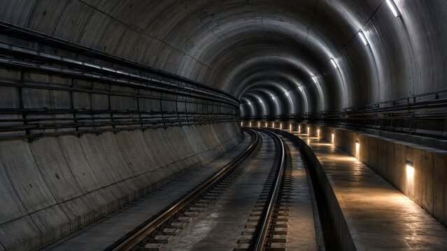 Underground metro tunnel with curving steel rails and lit walkway