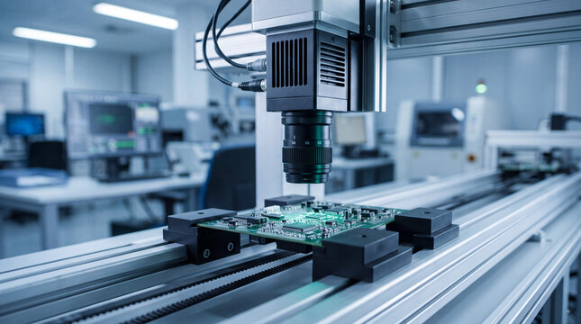 Automated machine vision camera inspecting printed circuit board on precision conveyor in modern electronics manufacturing laboratory for quality control and automation