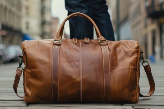 Man carrying a stylish brown leather duffle bag on a wooden boardwalk in a city environment