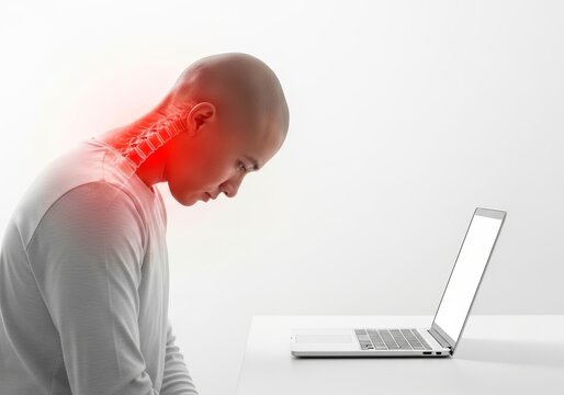 Man sitting at laptop with severe neck pain and cervical spine inflammation. Office worker suffering from bad posture while working. Health problem, ergonomics and medical injury concept.