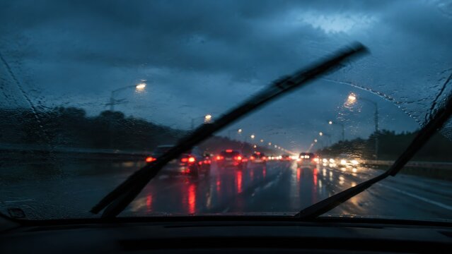 Rainy motorway seen through a windscreen with wipers