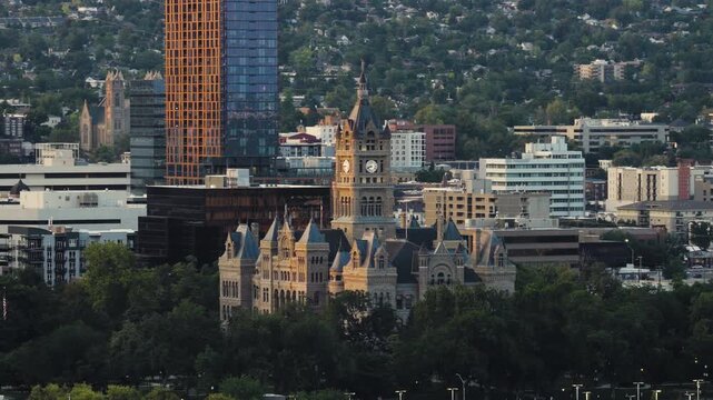 Salt Lake City and County Building in Utah Sunset Tracking Right Drone