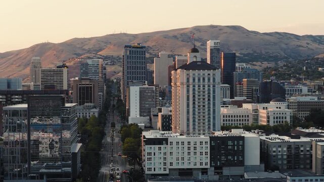 Joseph Smith Memorial Building in Salt Lake City Sunset Tracking Left Drone