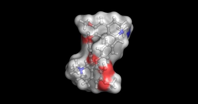 Tubocurarine, skeletal muscle relaxant and potent nicotinic acetylcholine receptor antagonist, 3D molecule spinning, 4K