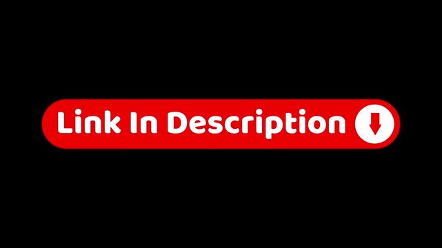 Link in description button with arrow animation for social media video content on transparent background.