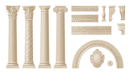 Classic Architectural Columns and Ornate Molding Vector Set Featuring Ancient Roman Greek Pillars Corbel Bracket Baluster and Decorative Arch Stone Elements © Sarifa