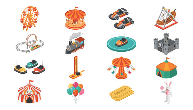 Isometric Amusement Park Vector Icon Set Featuring Roller Coaster Ferris Wheel Carousel Bumper Cars Circus Tent and Carnival Fairground Attraction Illustrations