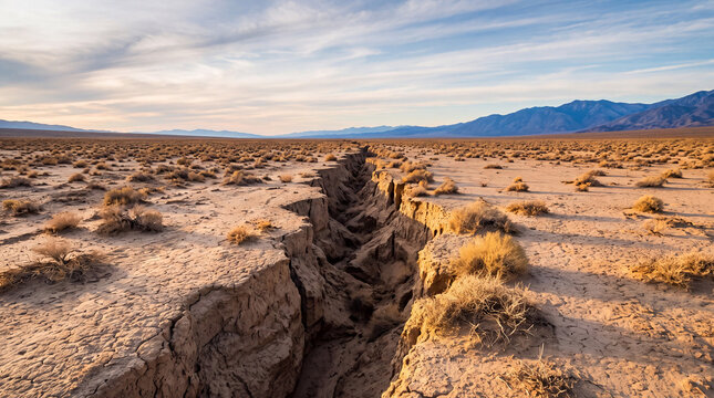 Deep erosion fissure cutting through arid desert plain with dry scrub, cracked earth, distant mountains and dramatic evening sky in rugged wilderness landscape