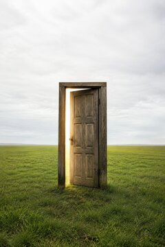 Weathered door standing alone in green field slightly open
